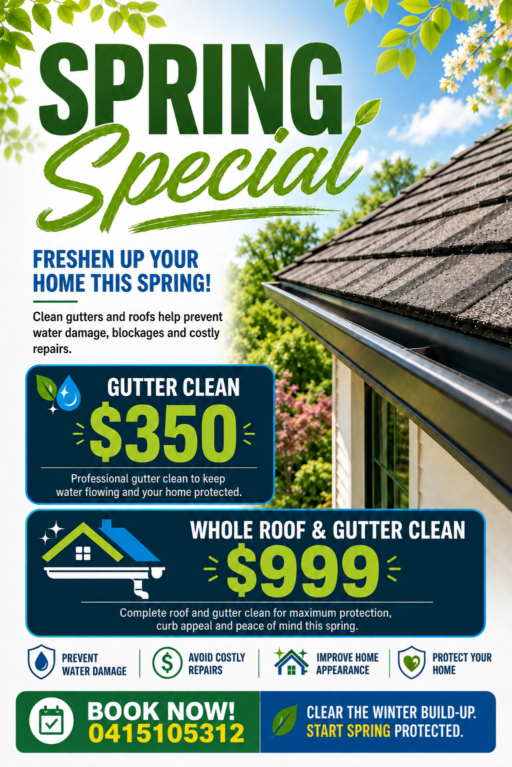 Pinnacle Roofing special: gutter clean for $350 or whole roof and gutter clean for $999